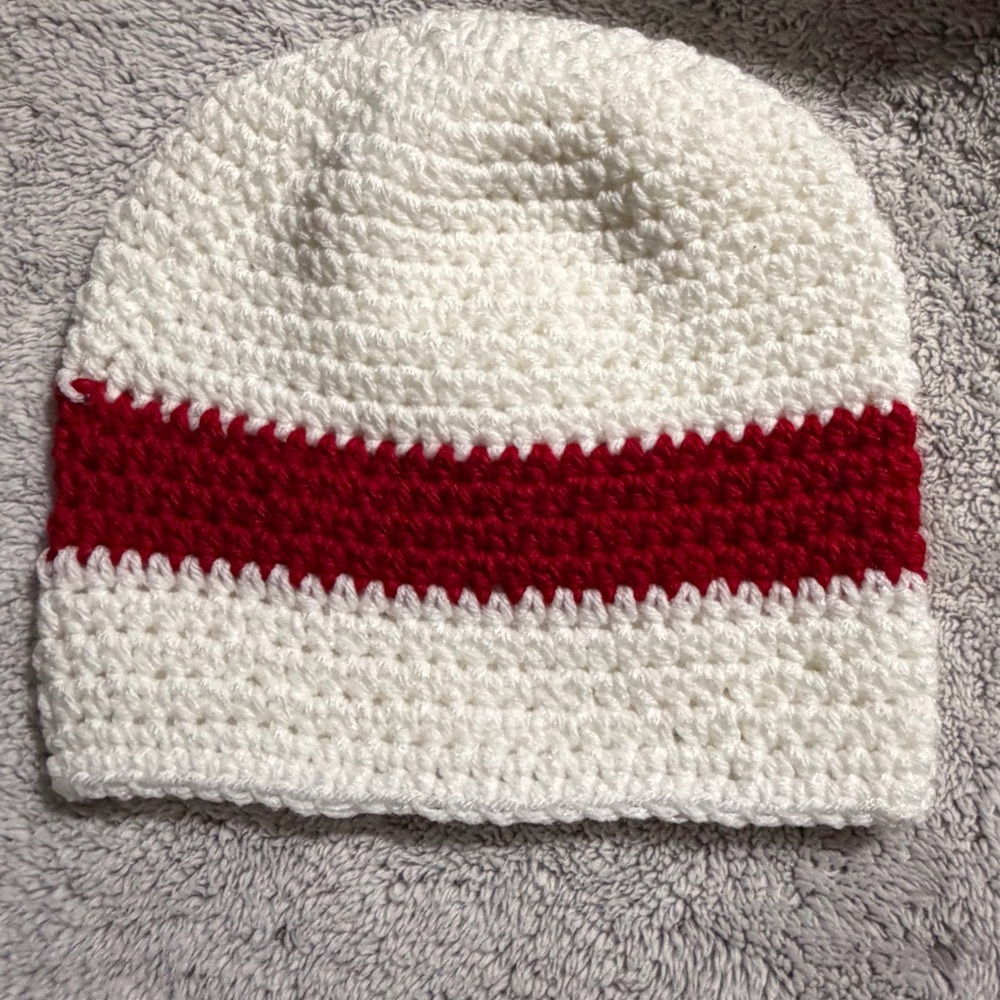 Handmade White and Red Crochet Beanie